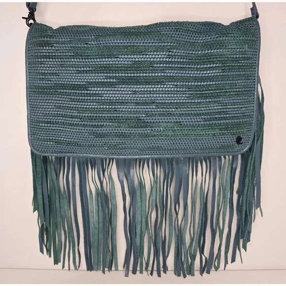 NWOT Elliott Lucca Melaya Bali '89 Crossbody Fringed Teal Leather/Clutch Bag - Picture 2 of 11